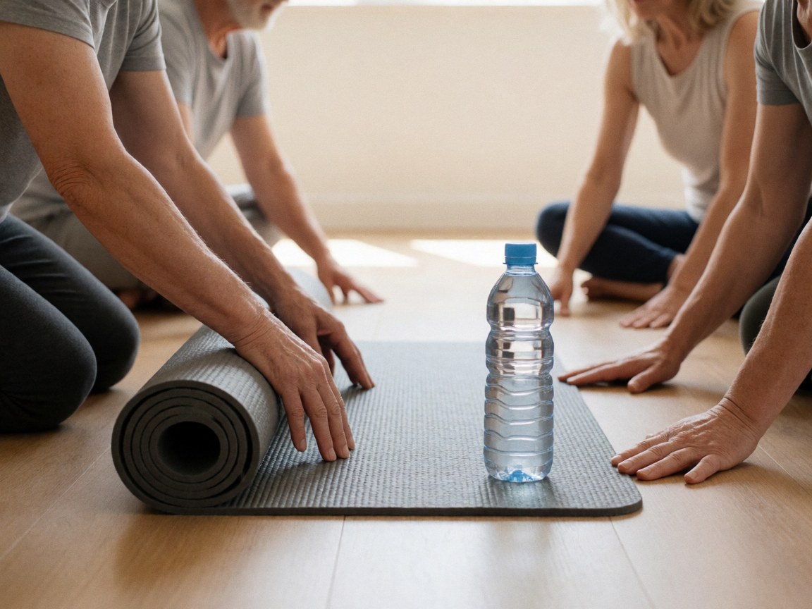 Des mains règlent un tapis de yoga gris posé sur un plancher en bois clair, accompagné d'une bouteille d'eau, évoquant la préparation à une séance de bien-être.
