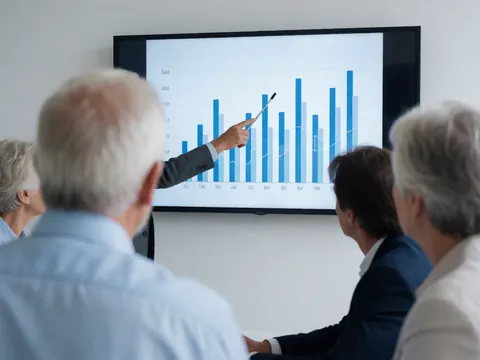 Personne pointant un graphique à barres sur un grand écran lors d'une réunion d'entreprise, fond blanc, ambiance professionnelle.