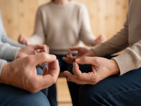 Mains formant un mudra, personnes méditant dans un intérieur aux murs en bois, créant une ambiance de calme et de concentration pour des présentations.