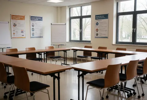 Salle de formation vide disposée en U, chaises, panneaux éducatifs et fenêtres. Idéale pour présentations, réunions et formations professionnelles.