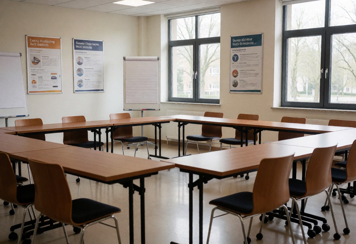 Salle de formation vide disposée en U, chaises, panneaux éducatifs et fenêtres. Idéale pour présentations, réunions et formations professionnelles.