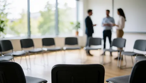 Un espace lumineux avec des chaises et une table, idéal pour les réunions et la formation en entreprise.