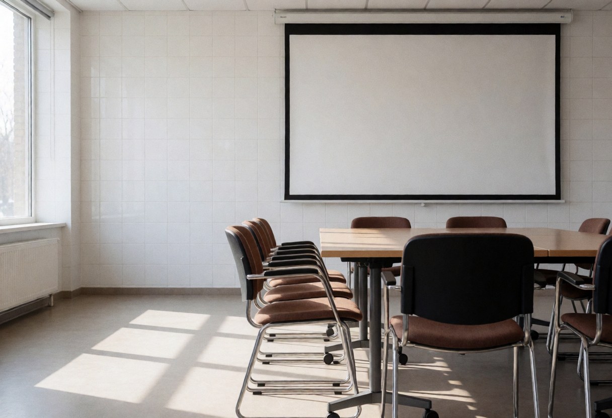 Salle de réunion professionnelle équipée d'une table, de chaises et d'un projecteur, baignée de lumière naturelle par une fenêtre.