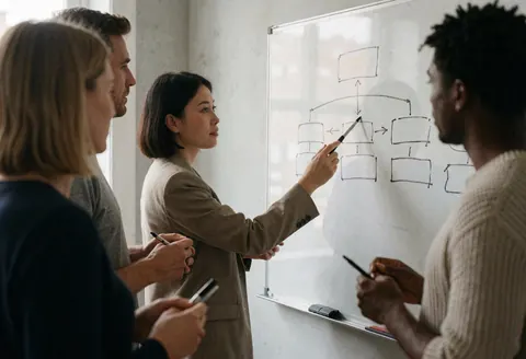 Formation en équipe avec schéma organisationnel sur tableau blanc, personnes attentives, murs gris clair, lumière naturelle, ambiance professionnelle.