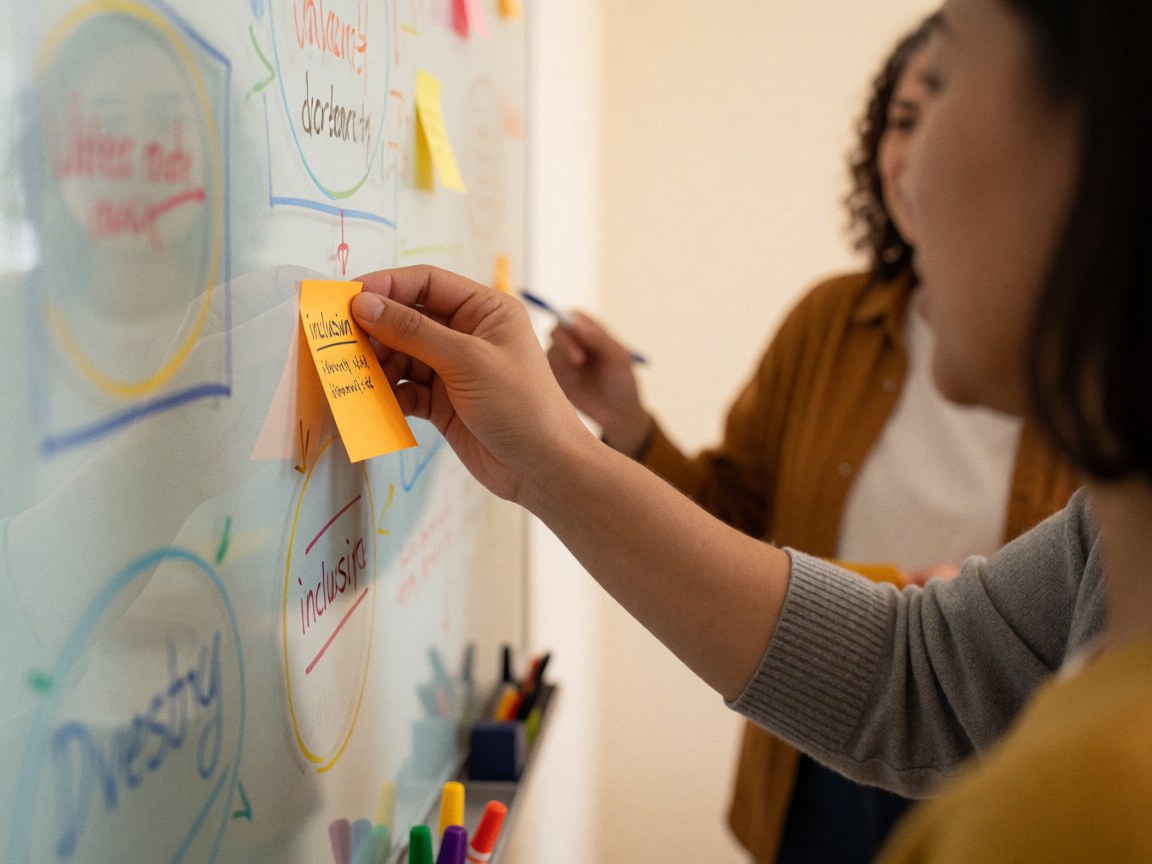 Une main place une note adhésive orange portant le mot inclusion sur un tableau blanc avec des diagrammes, tandis qu'une autre personne écrit en arrière-plan lors d'une session de formation.
