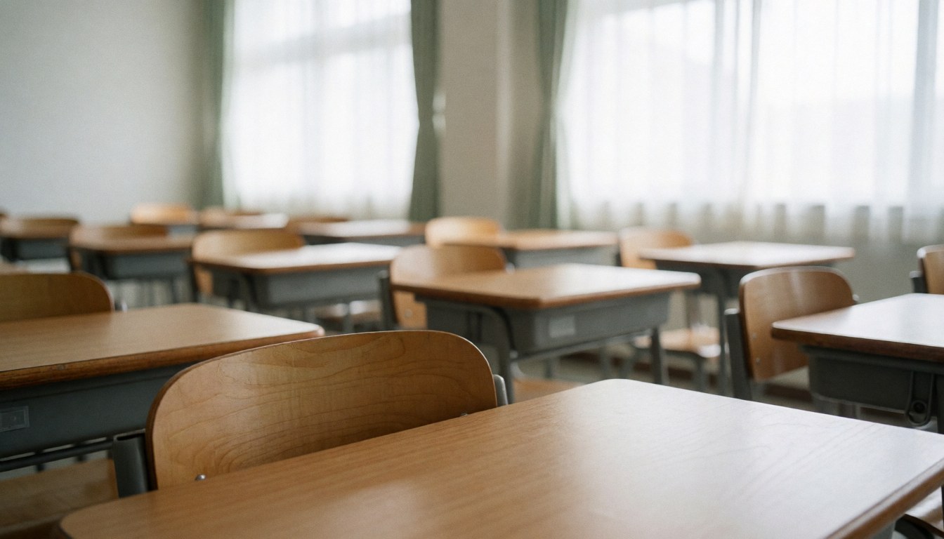 Salle de classe de langues vide équipée de tables et de chaises en bois, de rideaux et d'une lumière naturelle douce, idéale pour des textes sur l'apprentissage et le développement professionnel.