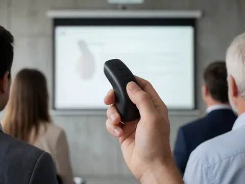 Gros plan sur une main professionnelle tenant un clicker pour diaporama lors d'une réunion ou d'une formation en entreprise.