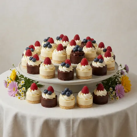 Des mini desserts à la crème, au chocolat et aux fruits disposés sur une étagère posée sur une table avec une nappe et des fleurs, sous un éclairage doux.