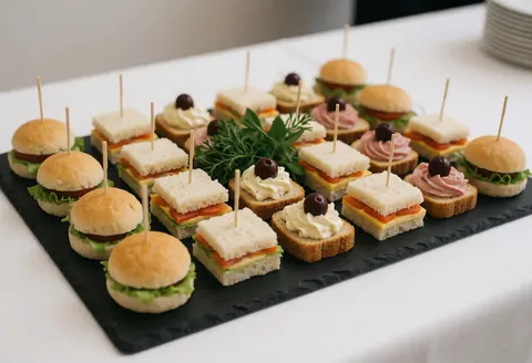 Assiette noire présentant des canapés et de petits sandwichs décorés d'herbes fraîches, prêts pour des événements ou réunions professionnelles.