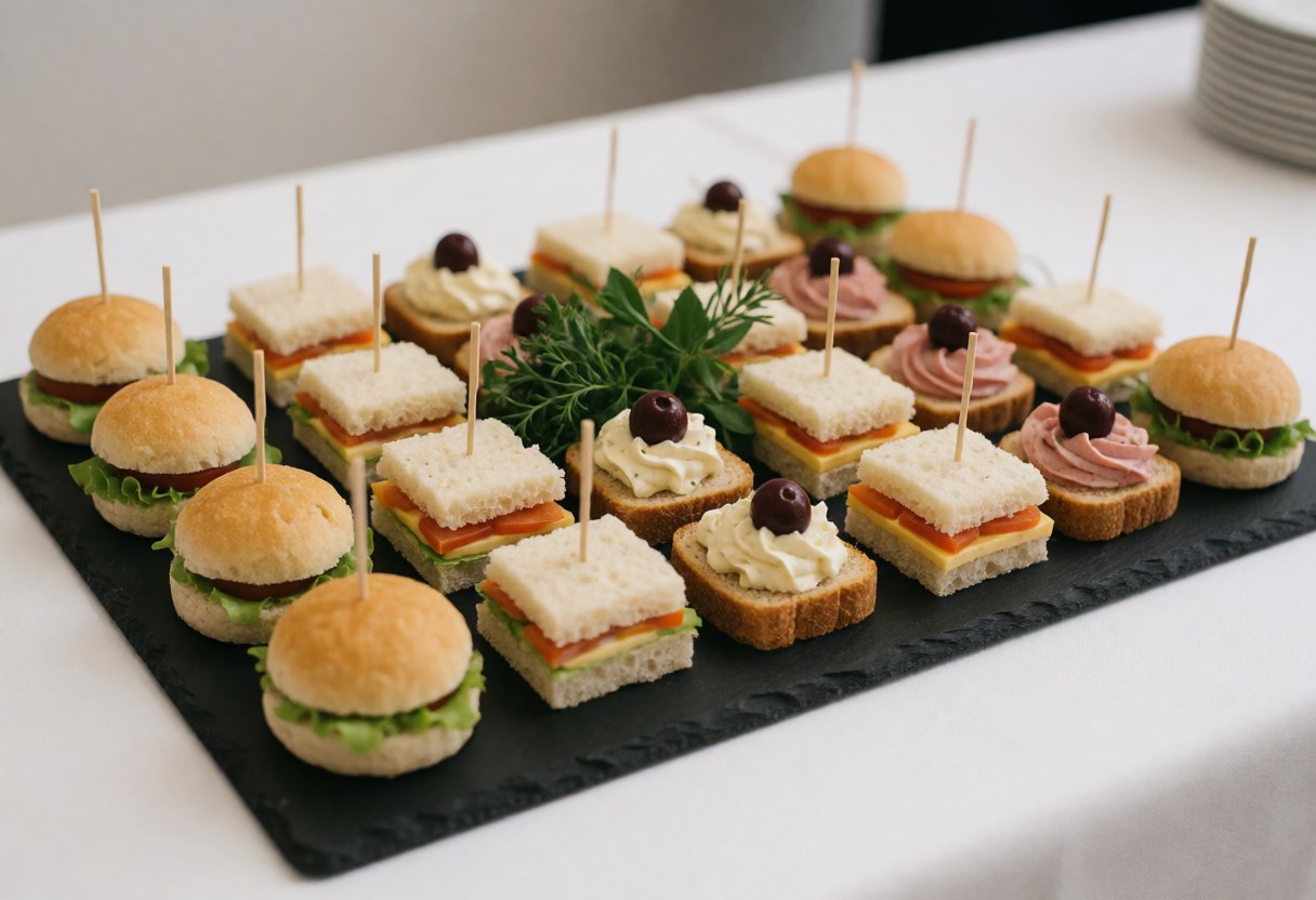Assiette noire présentant des canapés et de petits sandwichs décorés d'herbes fraîches, prêts pour des événements ou réunions professionnelles.