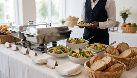 Buffet servi lors d'un événement professionnel, comprenant des salades, du pain et des plats chauds dans des réchauds sur une table.