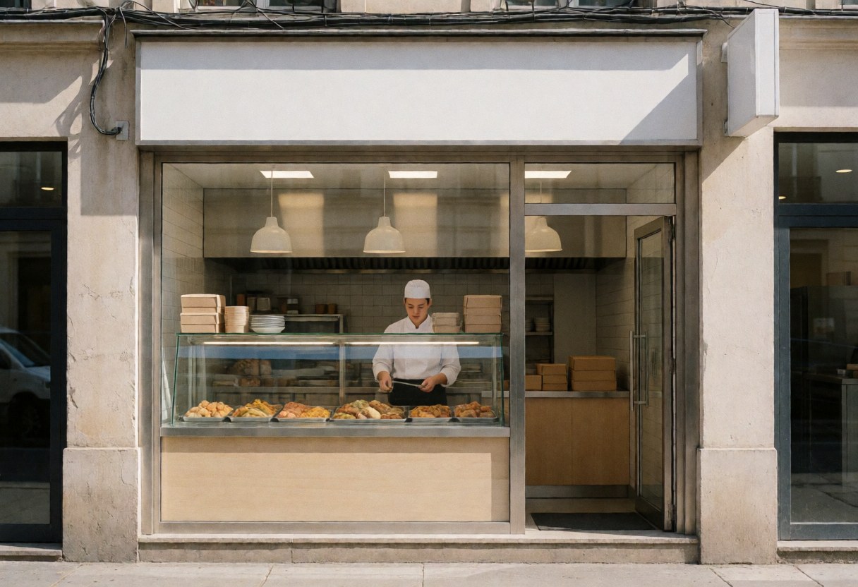 Vue extérieure d'une devanture de commerce de restauration avec vitrine et entrée sous un ciel clair.