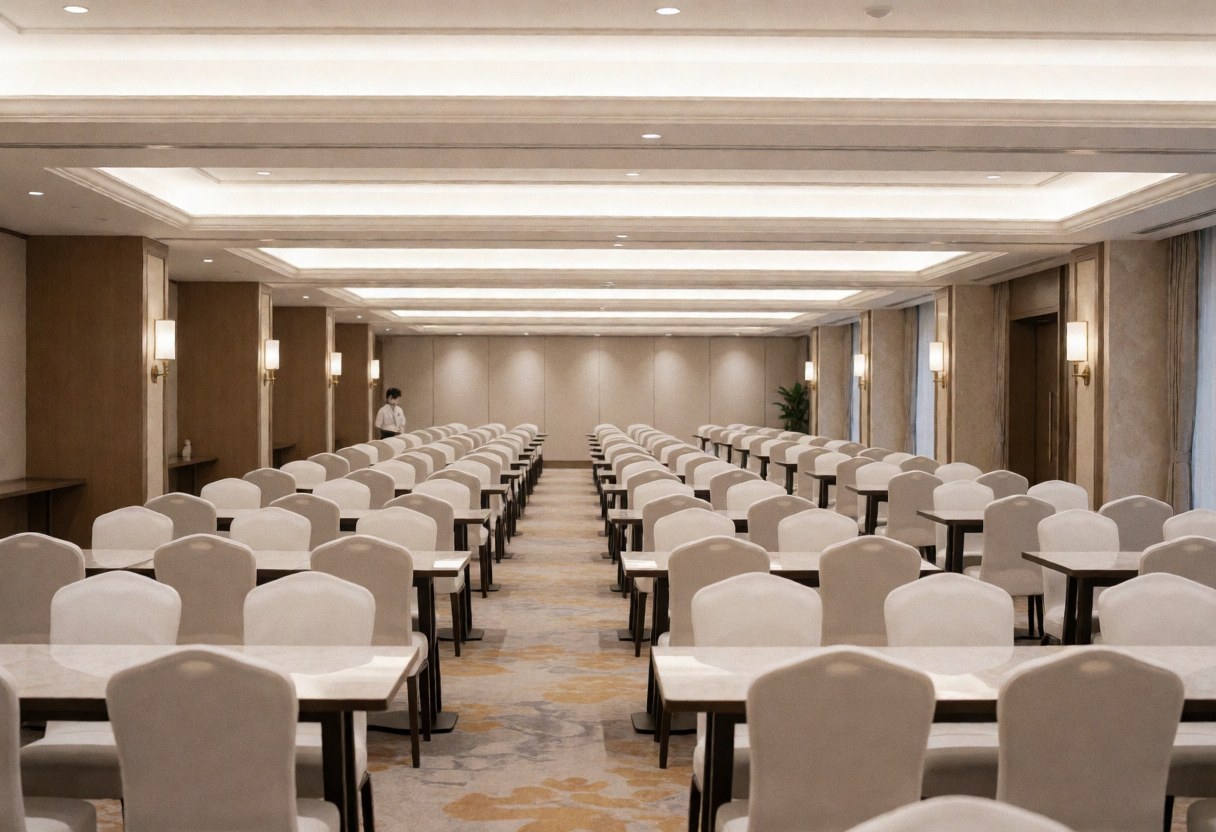 Vue d'une salle de réception spacieuse et lumineuse, meublée de tables rondes et de chaises blanches prêtes pour un événement.