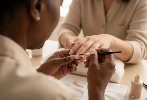 Une technicienne professionnelle applique du vernis sur des ongles en manicure française avec un pinceau dans un salon de beauté.
