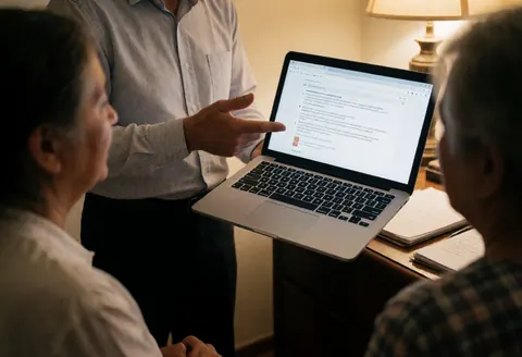 Un avocat explique des informations sur un ordinateur portable à deux clients assis dans un bureau éclairé par une lumière chaude avec des documents sur la table.
