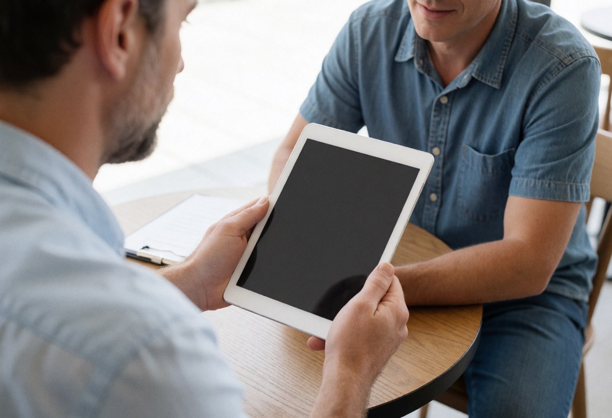 Vue rapprochée d'une personne tenant une tablette numérique pour consulter des informations ou des documents professionnels dans un cadre de travail moderne.