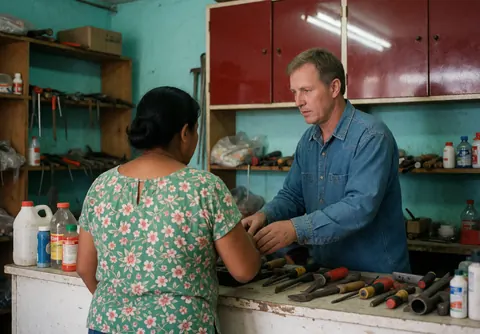 Un homme en chemise bleue aide une femme en blouse fleurie au comptoir d'une quincaillerie avec outils, murs turquoise et armoires rouges.
