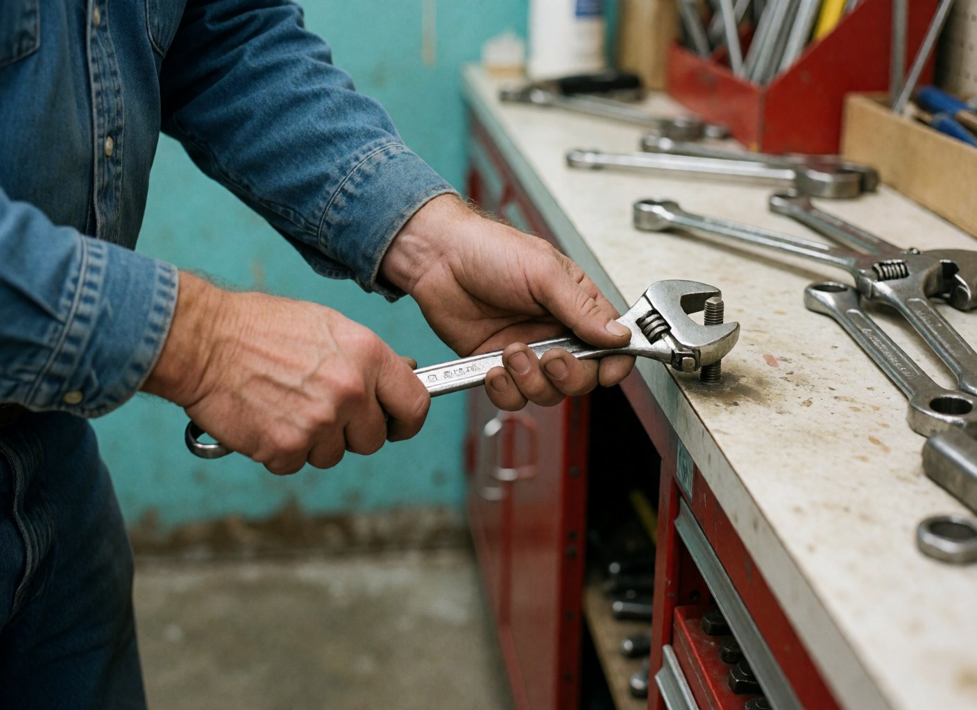 Gros plan sur des mains habiles manipulant une clé anglaise et d'autres outils de bricolage sur un comptoir en bois.