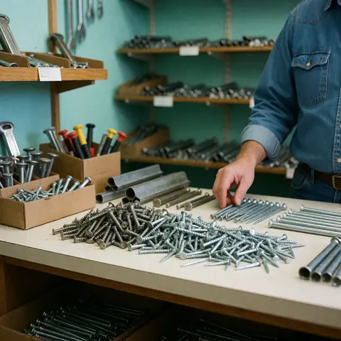 Comptoir de quincaillerie avec pile de vis et clous, murs turquoise et étagères en bois avec outils, main ajustant des clous.