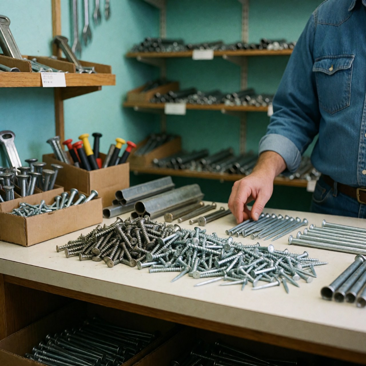 Comptoir de quincaillerie avec pile de vis et clous, murs turquoise et étagères en bois avec outils, main ajustant des clous.
