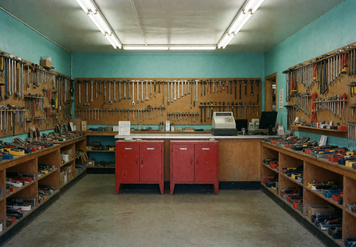 Vue intérieure d'une quincaillerie aux murs turquoise et au sol en béton. Étagères en bois chargées d'outils, boîtes rouges et une caisse enregistreuse vintage.