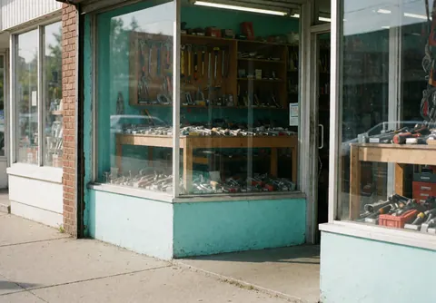 Façade extérieure et vitrine d'un magasin de bricolage avec des outils visibles à l'intérieur, offrant un accès facile aux clients.