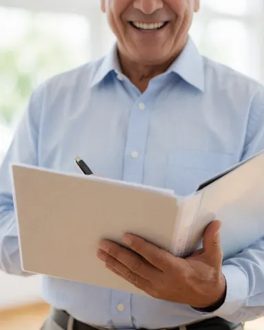Homme âgé souriant en bureau professionnel tenant une chemise avec documents et un stylo.