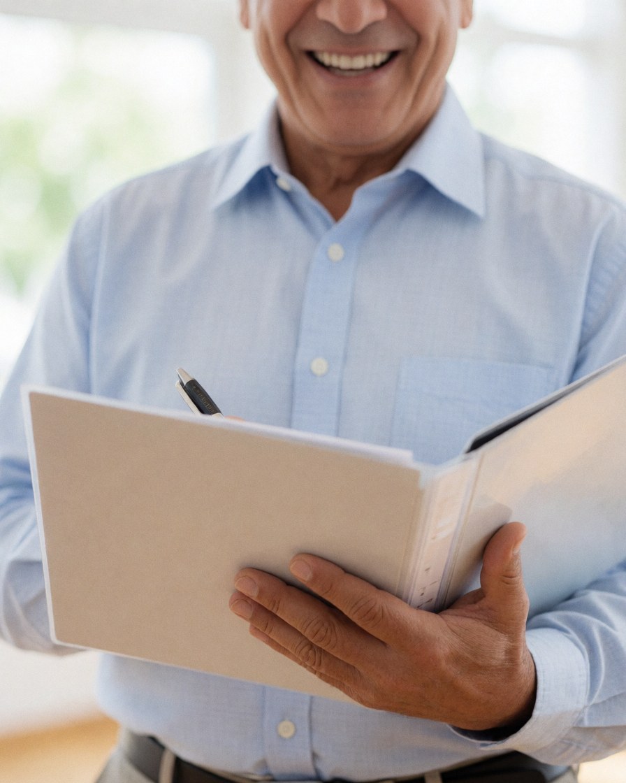 Homme âgé souriant en bureau professionnel tenant une chemise avec documents et un stylo.