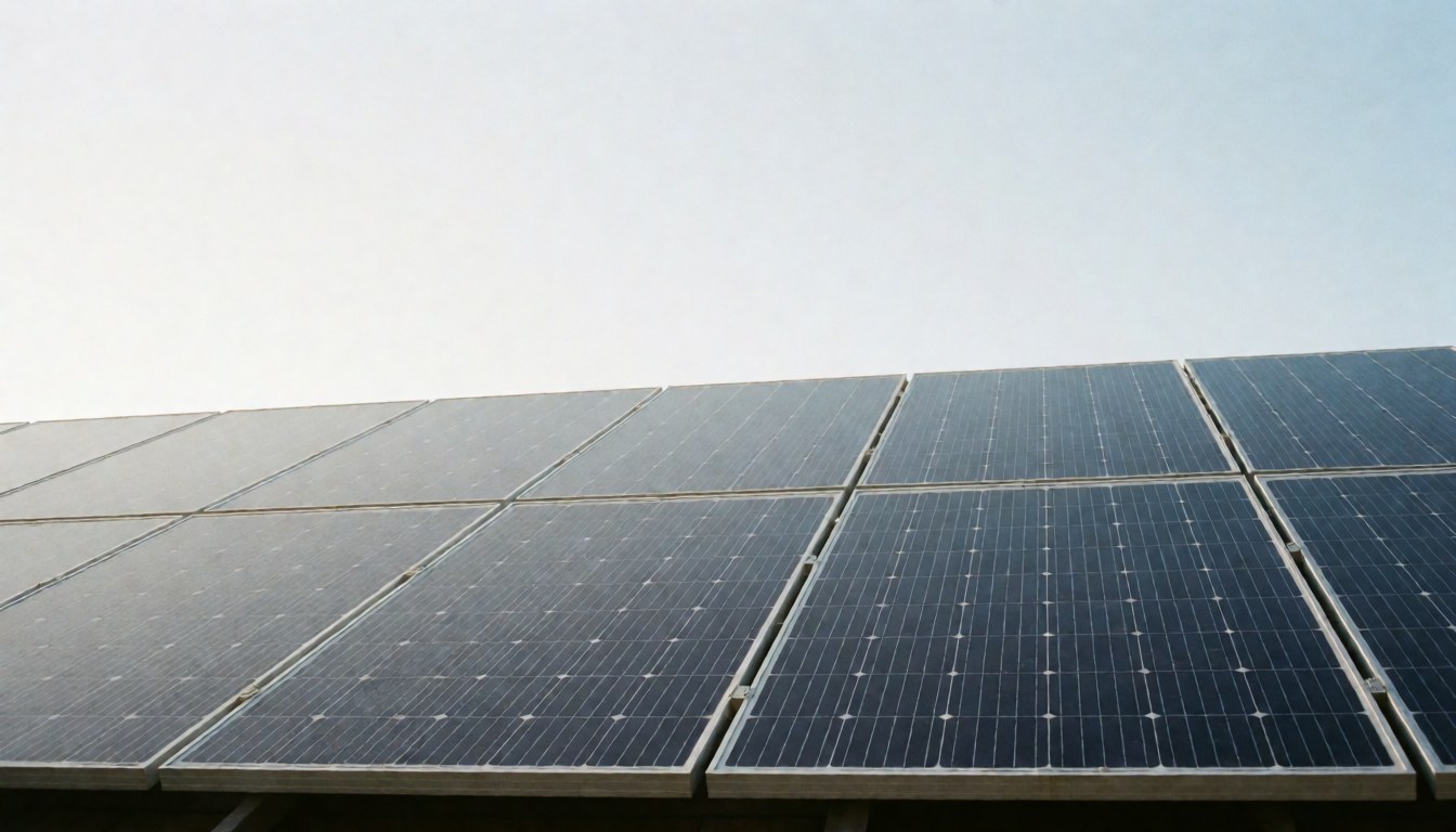 Installation de panneaux photovoltaïques sur une toiture avec beaucoup d'espace vide dans le ciel pour ajouter du texte, idéal comme arrière-plan professionnel.