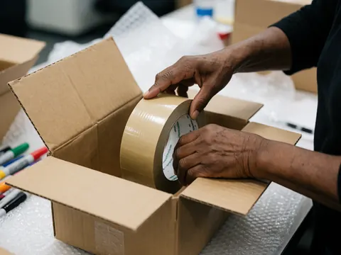 Gros plan sur des mains qui enveloppent avec précaution un carton pour la protection du contenu lors d'un déménagement.