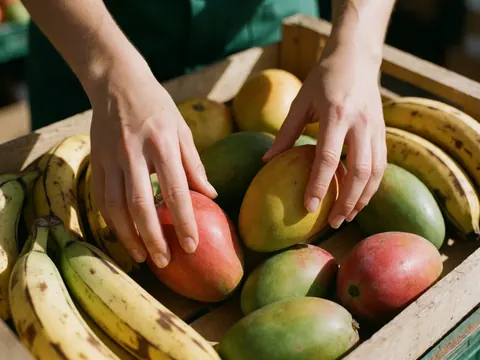 Des mains choisissant des fruits tropicaux frais dans une caisse en bois sous lumière naturelle, adapté aux minimarkets et épiceries.