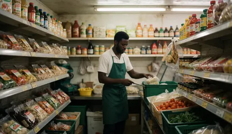 Intérieur accueillant d'un minimarket avec étalages de fruits et légumes frais, bouteilles et emballages sur les étagères.