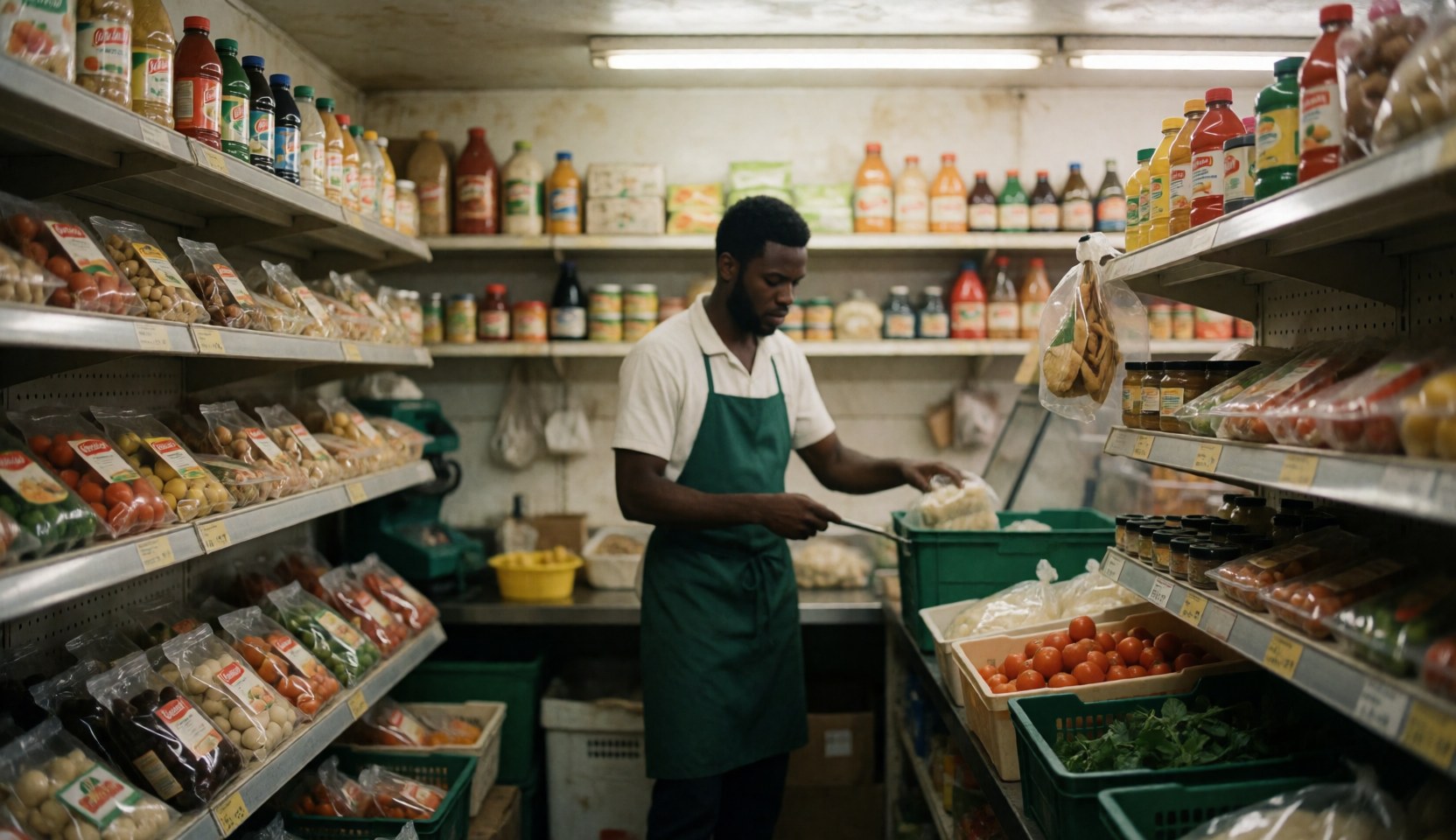 Intérieur accueillant d'un minimarket avec étalages de fruits et légumes frais, bouteilles et emballages sur les étagères.