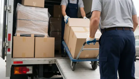 Deux déménageurs en tenue de travail et gants chargent des cartons à l'arrière d'un camion à l'aide d'une chariotte, dans un environnement professionnel en extérieur.