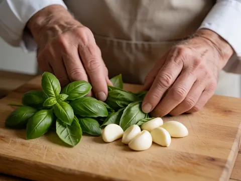 Des mains préparent du basilic et de l'ail frais sur une planche à découper en bois dans une cuisine éclairée par la lumière naturelle.