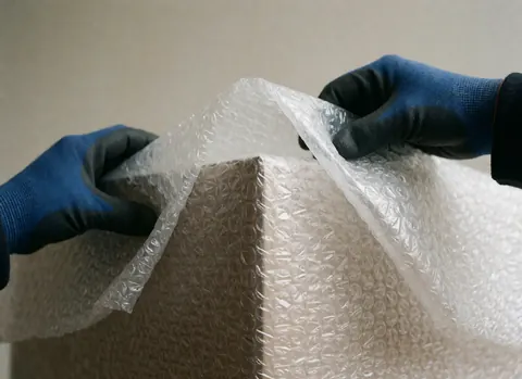 Mains gantées en train d'enrouler soigneusement une boîte avec du film à bulles pour assurer la protection des objets fragiles lors d'une opération de déménagement.