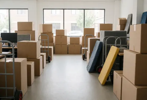 Espace de bureau vide et lumineux, prêt pour l'ouverture, accompagné de cartons d'emballage, d'un chariot de déménagement et de matelas empilés.