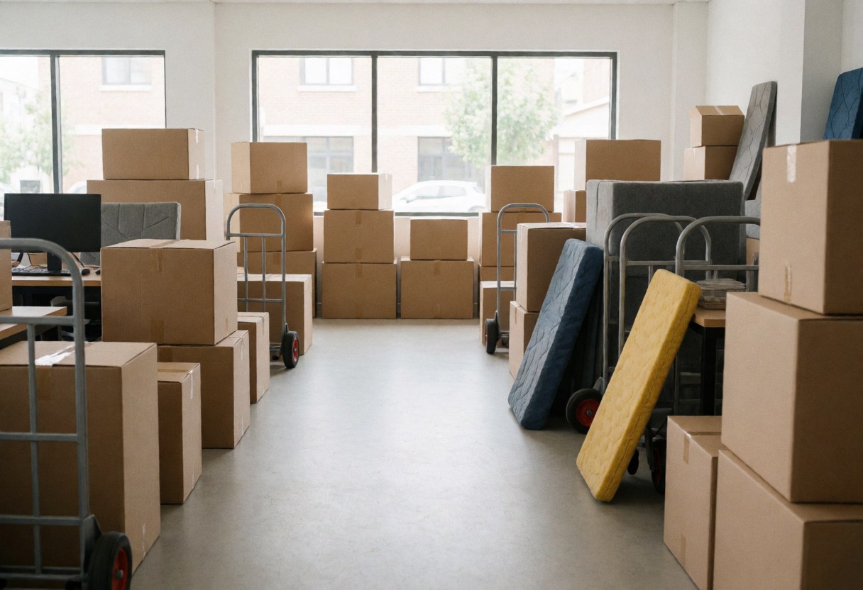 Espace de bureau vide et lumineux, prêt pour l'ouverture, accompagné de cartons d'emballage, d'un chariot de déménagement et de matelas empilés.