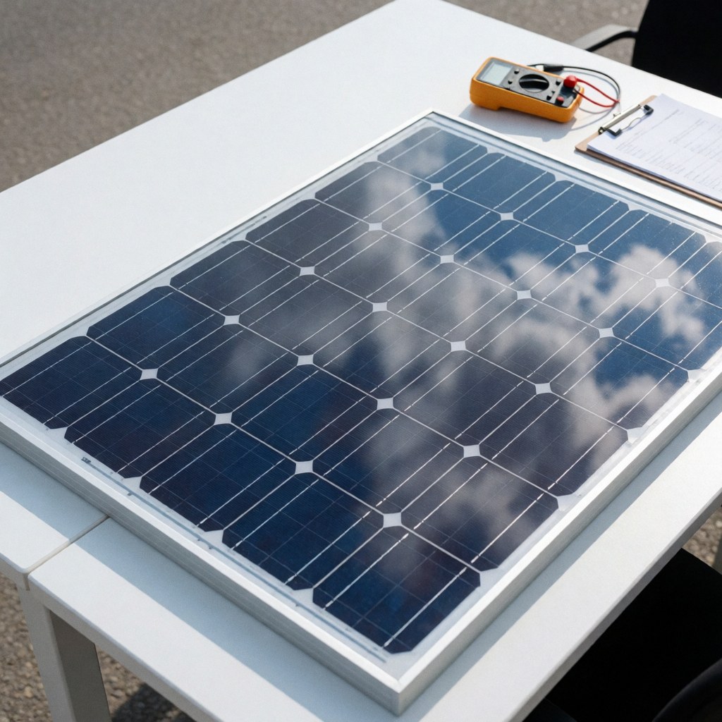 Panneau photovoltaïque posé sur une table blanche en extérieur, reflétant le ciel bleu et les nuages, accompagné d'un multimètre et d'un dossier pour la mesure et l'enregistrement.