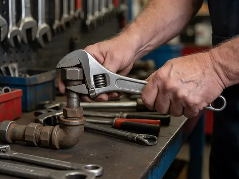 Gros plan sur des mains utilisant une clé à molette pour réparer un tuyau métallique rouillé dans un atelier de quincaillerie.