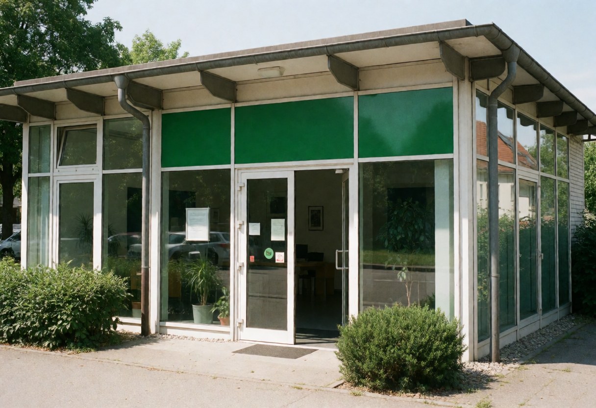 Bureau moderne dédié à l'énergie solaire présentant une entrée vitrée, une signalisation verte et un jardin avec des arbustes sous un soleil éclatant.