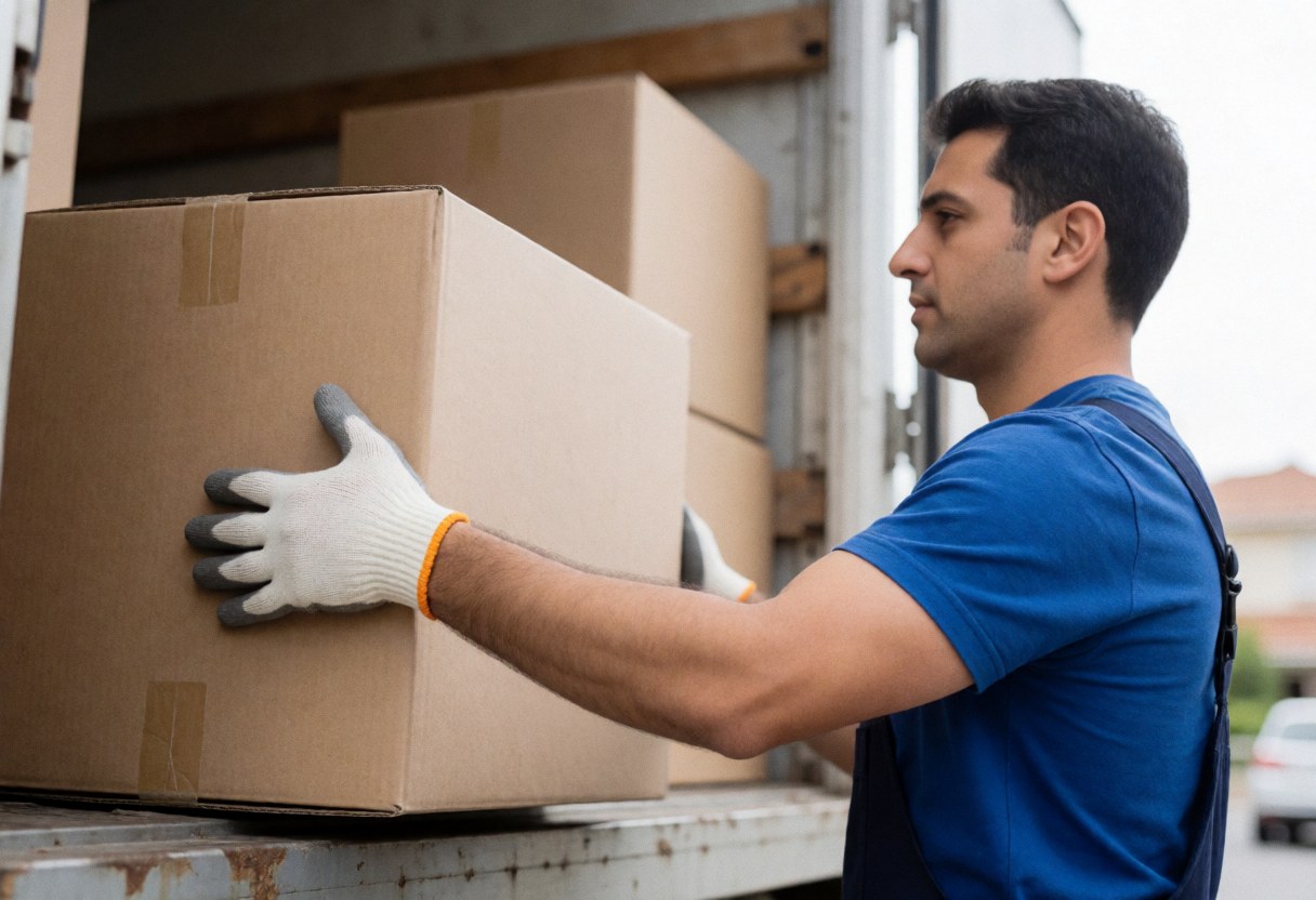 Un homme portant des gants soulève une caisse en carton pour la placer à l'arrière d'un véhicule utilitaire lors d'une opération de déménagement.