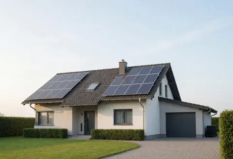Vue d'une maison contemporaine avec des panneaux photovoltaïques installés sur le toit, entourée d'un jardin bien entretenu et d'une allée en béton menant à l'entrée principale.