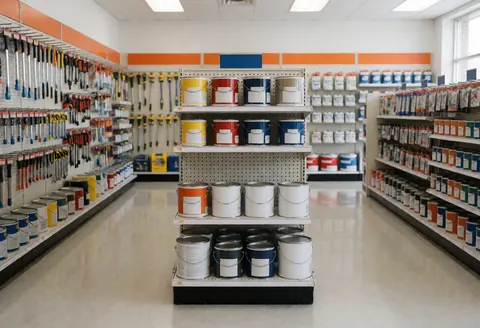 Vue de l'intérieur d'un magasin de quincaillerie avec des étagères remplies de produits et de peinture.
