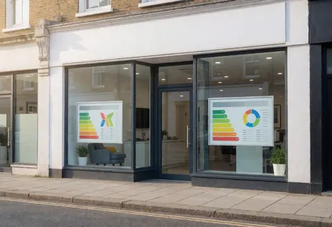 Façade contemporaine d'un bureau dédié à l'énergie solaire, dotée de larges baies vitrées affichant des graphiques sur l'efficacité énergétique dans un cadre professionnel et épuré.