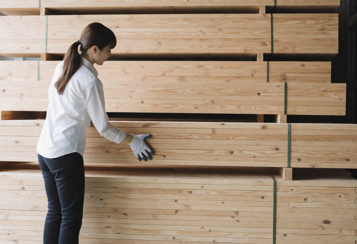 Vue en pied d'une femme portant des gants de protection qui organise des piles de bois de pin dans un entrepôt professionnel sous une lumière diffuse.