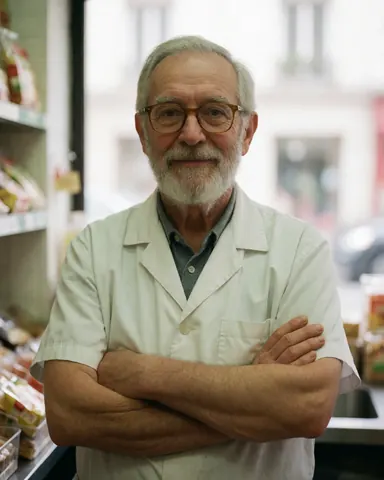 Homme âgé aux bras croisés, portant des lunettes et une barbe, debout dans son magasin éclairé par la lumière naturelle.