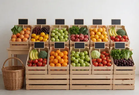Des fruits et légumes colorés disposés dans des caisses en bois sur un marché, avec un panier en osier au sol, créant une ambiance propre et naturelle.