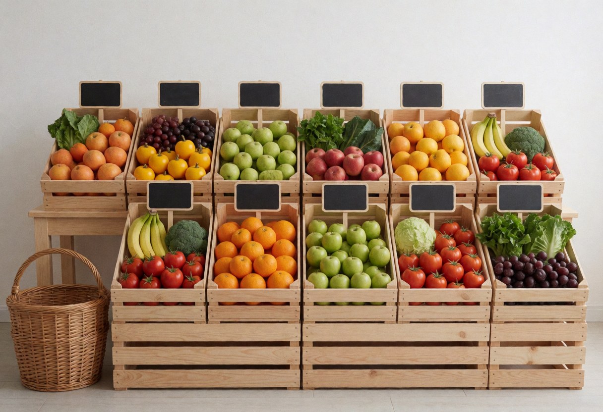 Des fruits et légumes colorés disposés dans des caisses en bois sur un marché, avec un panier en osier au sol, créant une ambiance propre et naturelle.