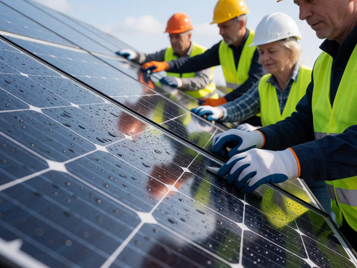 Des ouvriers en casques et gilets de sécurité nettoient des modules photovoltaïques sous la lumière naturelle avec des gouttes d'eau visibles.